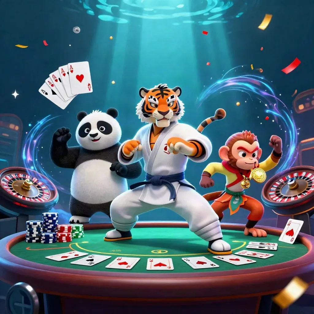 Kung-fu tiger, panda, and monkey amid casino props in neon underwater light.