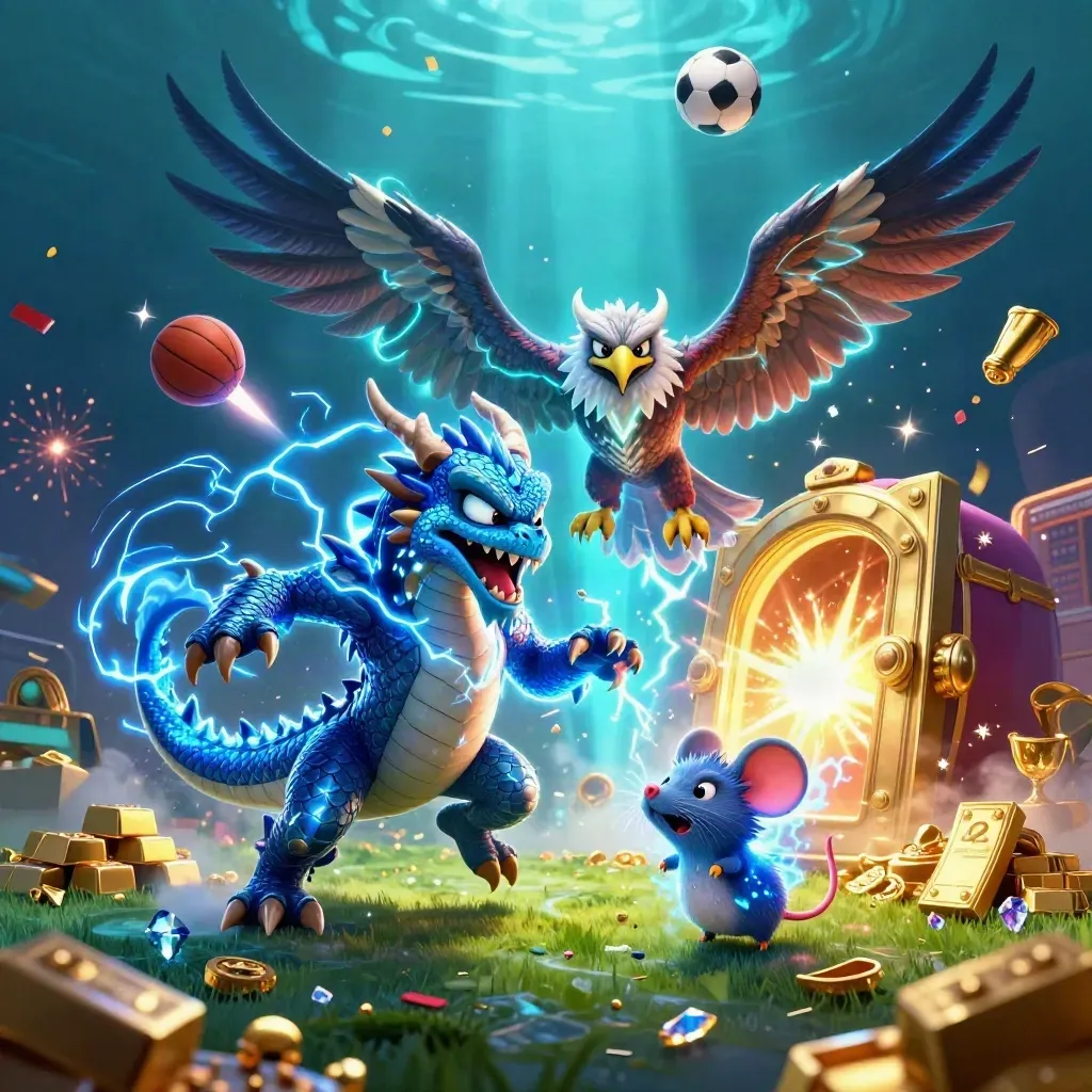 Thunder dragon, glowing hawk, and static mouse amid gold, soccer ball, and casino magic.
