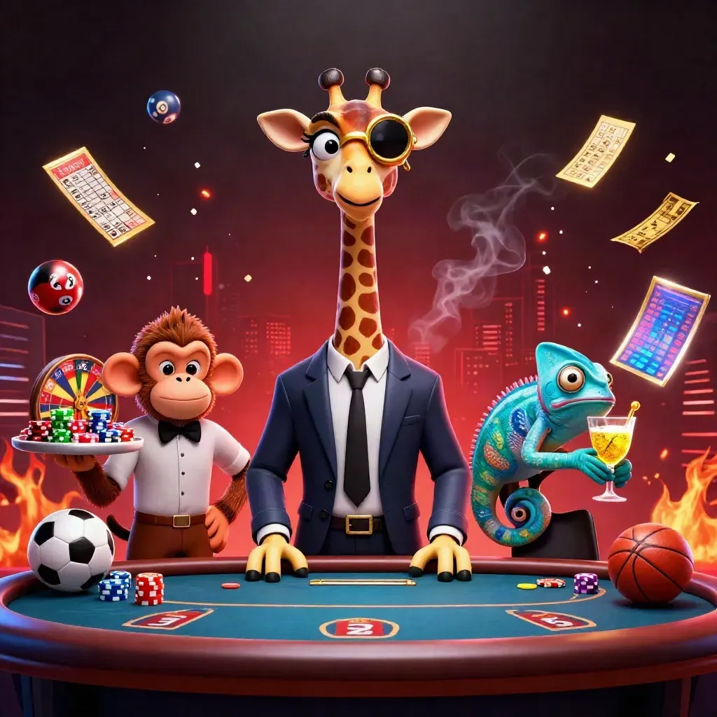 Giraffe, monkey, and chameleon in a glowing casino scene with flying chips and game props.