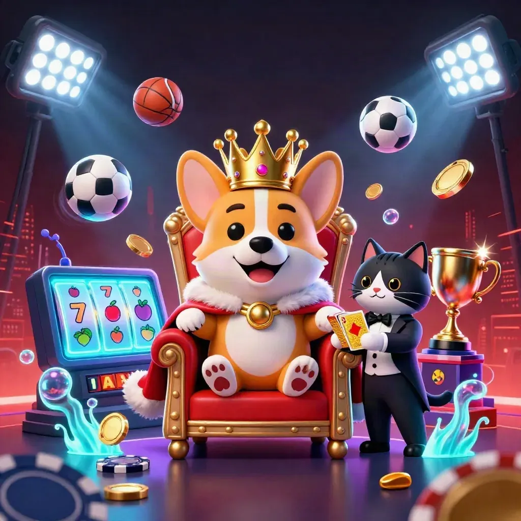 Royal corgi and cat butler amid casino loot, sports balls, coins, and neon lights