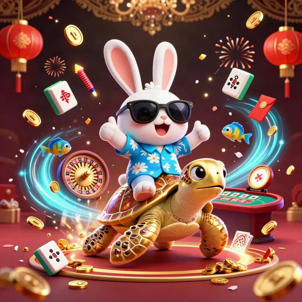 Lucky rabbit on a gem turtle amid casino treasure, roulette, cards, lanterns, fireworks and coins.
