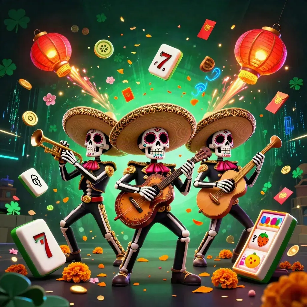 Day-of-the-Dead mariachi skeleton trio amid casino magic, neon bolts and flying game symbols.
